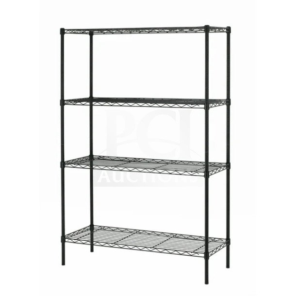 New Quantum 24x72" black carbon steel wired shelf, commercial grade, four-tier, durable storage solution.