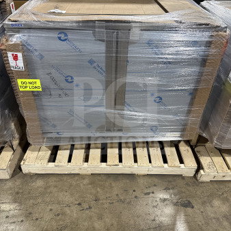 Brand new Dinex stainless steel meal delivery tray cart, heavy-duty, wrapped on pallet, "Do Not Top Load" sign visible.