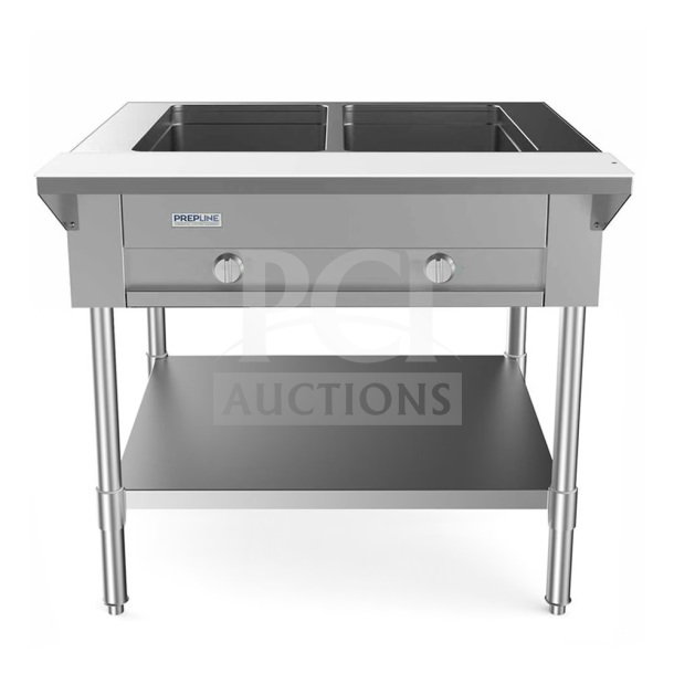 BRAND NEW Prepline 32" stainless steel 2-well gas hot food steam table, model GST30-2O, with undershelf, commercial use.