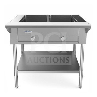 BRAND NEW Prepline 32" stainless steel 2-well gas hot food steam table, model GST30-2O, with undershelf, commercial use.