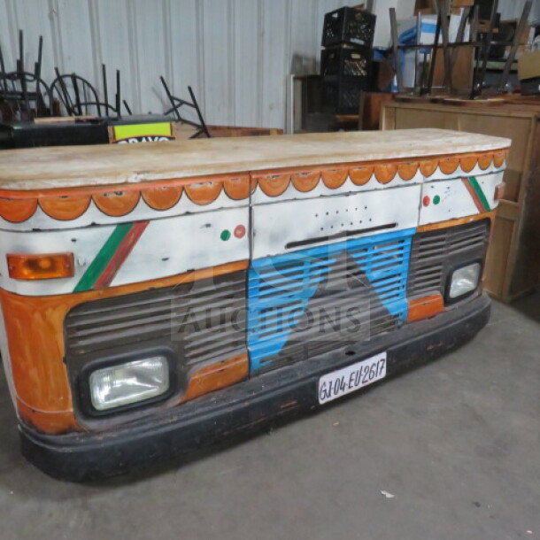 Unique wooden portable "Car Bar" with commercial casters, 6 under-storage shelves, and colorful car front design. 99x24x43 inches.