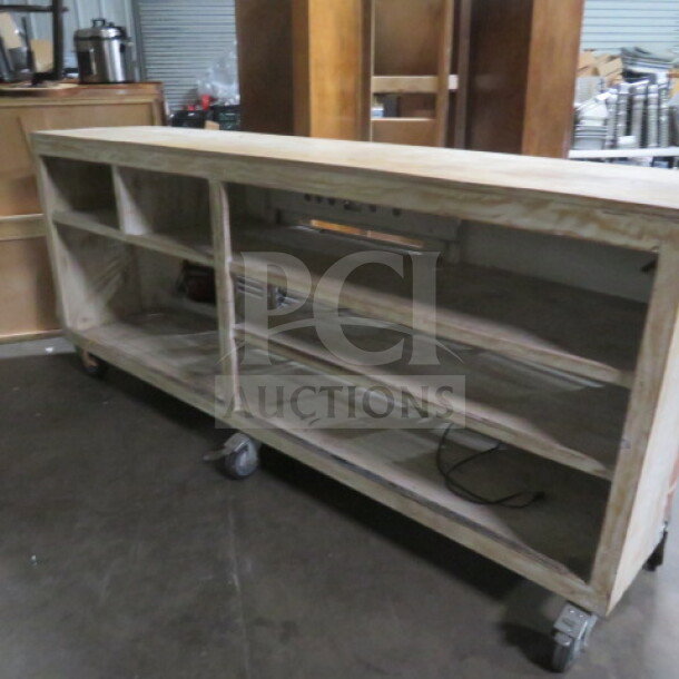 Wooden portable "CAR BAR" on heavy-duty casters with 6 shelves; measures 99x24x43 inches. Perfect conversation starter.