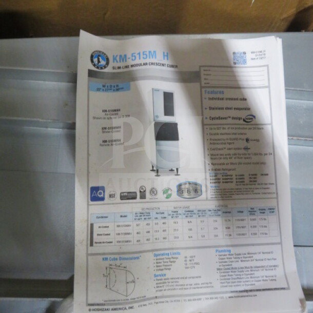 Hoshizaki Ice Maker KM-515MRH, 115V, 28x22x31 inches, new with remote and manual, features include crescent cube design.