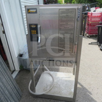 Accutemp gas steamer on stainless steel stand with under shelf, model N61261E06000200. Dimensions 24.5x27x54 inches.
