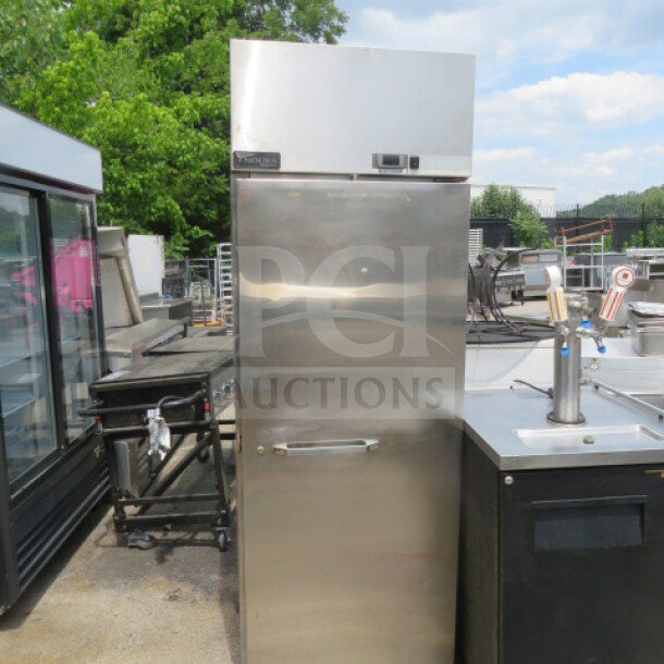Masterbilt Endura 1 Door Refrigerator, Model NR241SSS/0, stainless steel, 4 shelves, on casters, working but not cold.