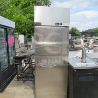 Masterbilt Endura 1 Door Refrigerator, Model NR241SSS/0, stainless steel, 4 shelves, on casters, working but not cold.