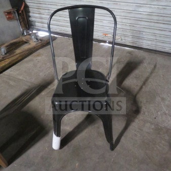 NEW Industrial Look Black Metal Chair with arched backrest, perforated seat, and protective leg covering. Model: 2XBID.