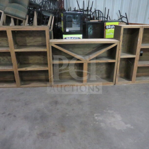 Custom 3-piece wooden back bar shelving unit, 198x13x45, includes bottle and glass holders. Usable together or separately.