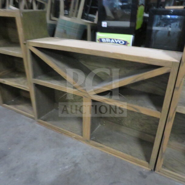 Custom-made 3-piece wooden back bar wall mount shelving unit, 198x13x45 cm, brown finish, glass and bottle holders.