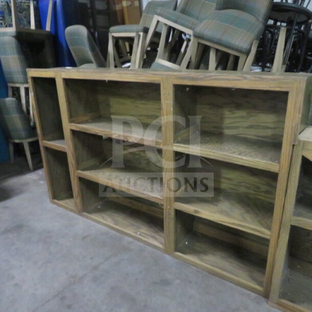 Custom 3-piece wooden back bar shelving unit, wall-mountable, measures 198x13x45, for bottles/glasses, individually usable.