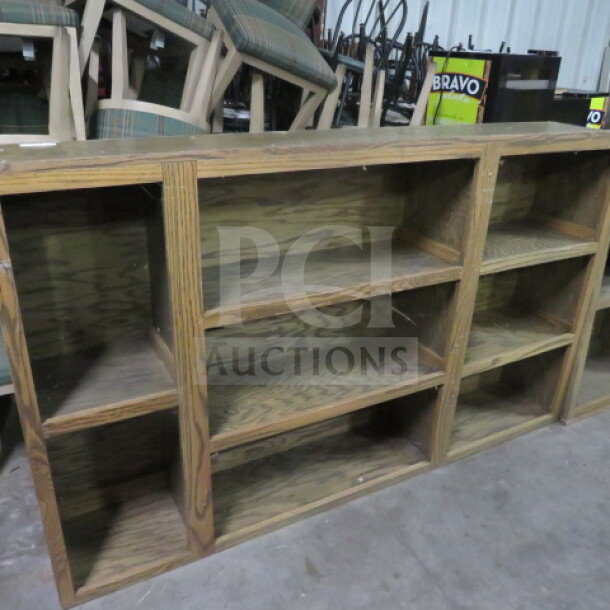 Custom 3-piece wooden back bar shelving with bottle and glass holders, 198x13x45 cm, excellent condition, versatile use.