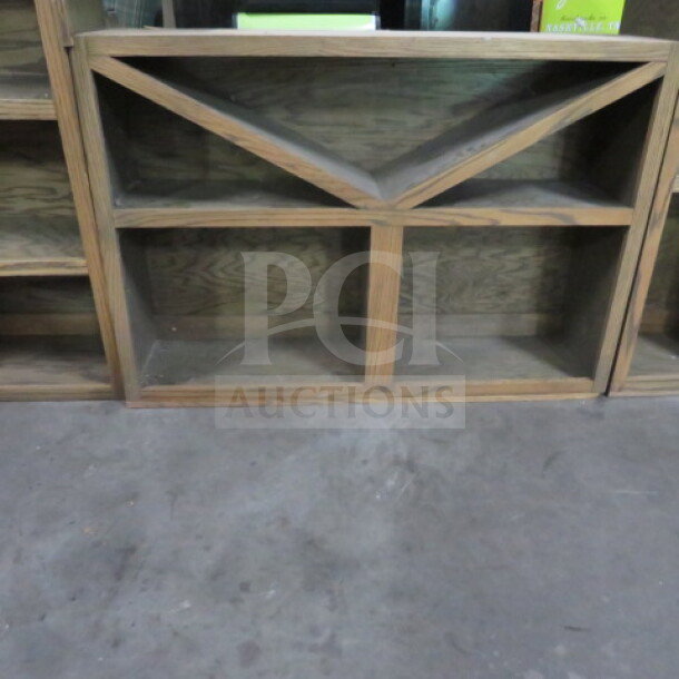 Three-piece wooden back bar wall mount shelving with bottle and glass holders, 198x13x45 cm, custom made, adjustable use.