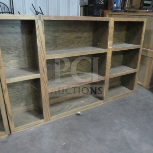 Custom-made 3-piece wooden bar shelving, 198x13x45, features bottle and glass holders. Can be used together or individually.
