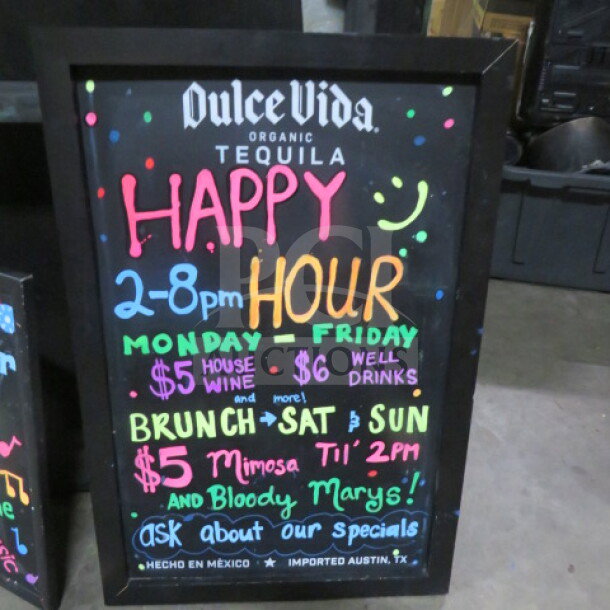 Black 20x30 framed chalkboard with colorful text advertising drink specials and events. Brand: Dulce Vida Tequila.