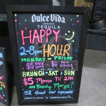 Black 20x30 framed chalkboard with colorful text advertising drink specials and events. Brand: Dulce Vida Tequila.