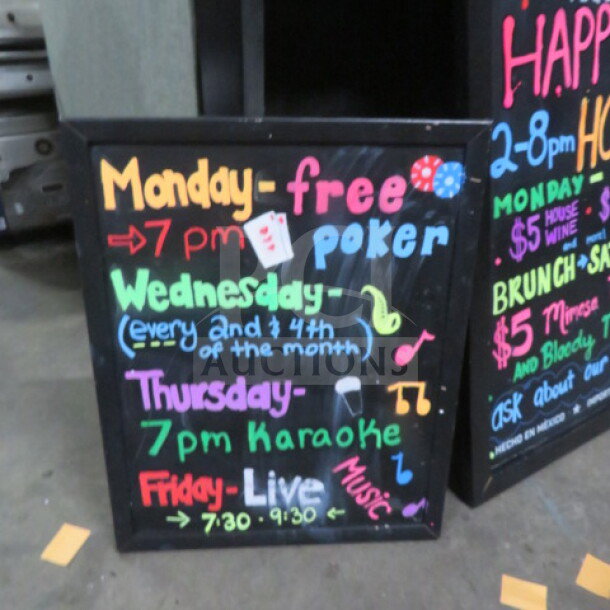 16x20 framed chalkboard with colorful handwritten event details including poker, karaoke, and live music schedule.