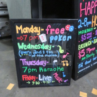 16x20 framed chalkboard with colorful handwritten event details including poker, karaoke, and live music schedule.