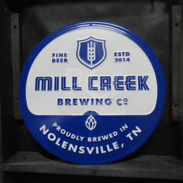18-inch round Mill Creek Brewing tin sign, blue and white, featuring "Fine Beer Estd 2014" and "Proudly Brewed in Nolensville, TN."
