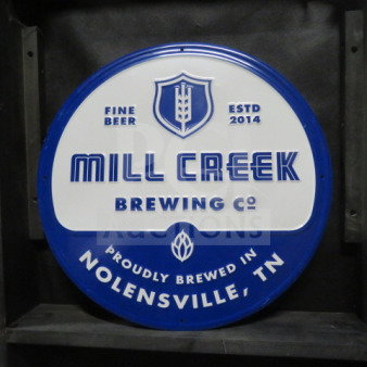 18-inch round Mill Creek Brewing tin sign, blue and white, featuring "Fine Beer Estd 2014" and "Proudly Brewed in Nolensville, TN."