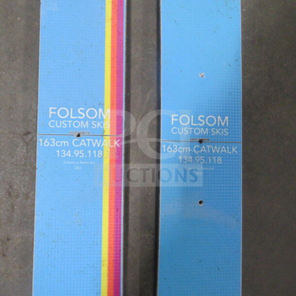 Folsom Custom Skis, 163cm Catwalk model, blue with rainbow accents, dimensions 134.95.118, lightly used condition.