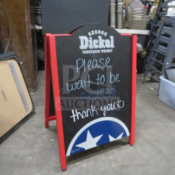 Red-framed 24x36 sidewalk sign with "George Dickel Tennessee Whisky" logo and message: "Please wait to be seated, thank you."