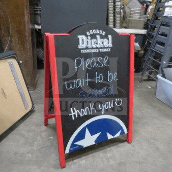 Red-framed 24x36 sidewalk sign with "George Dickel Tennessee Whisky" logo and message: "Please wait to be seated, thank you."