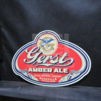 One 14x10 inch Gerst Amber Ale tin sign with embossed lettering, featuring a red and blue color scheme, made by Yazoo Brewing Company, Nashville, Tennessee.