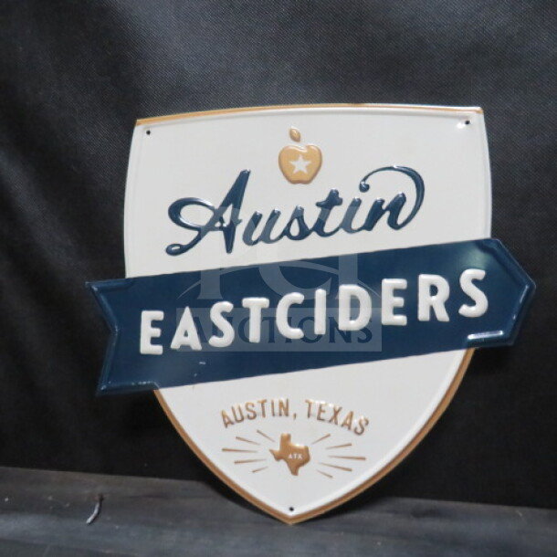 Austin East Ciders tin sign, 12.5x12 inches, features logo and "Austin, Texas" text. Vintage style, excellent condition.