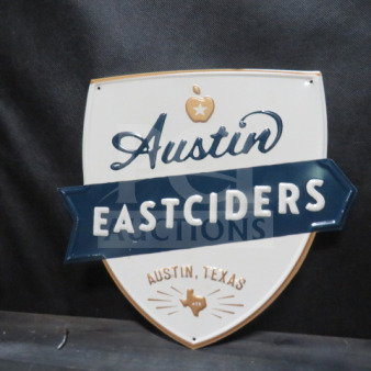 Austin East Ciders tin sign, 12.5x12 inches, features logo and "Austin, Texas" text. Vintage style, excellent condition.