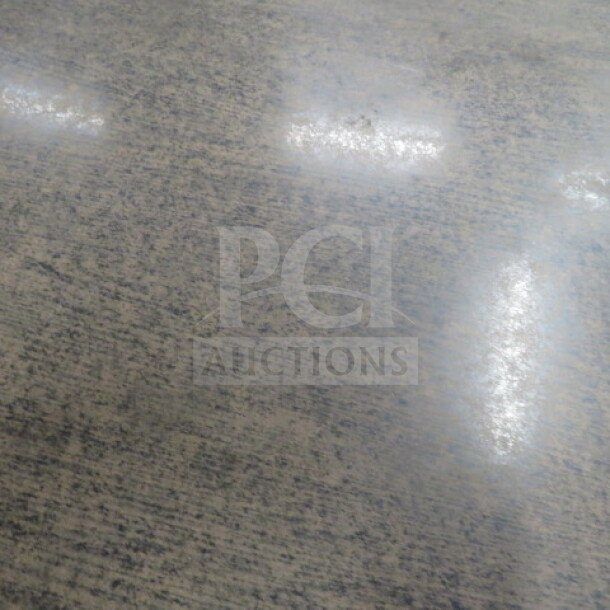 One laminate table with dual pedestal base, suitable for indoor/outdoor use, dimensions 48x30x30 inches.