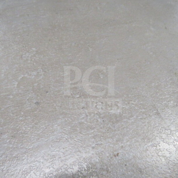 Gray wooden tabletop detail, textured finish. Suitable for dual bar-height pedestal base. Dimensions: 48x30x42 inches.