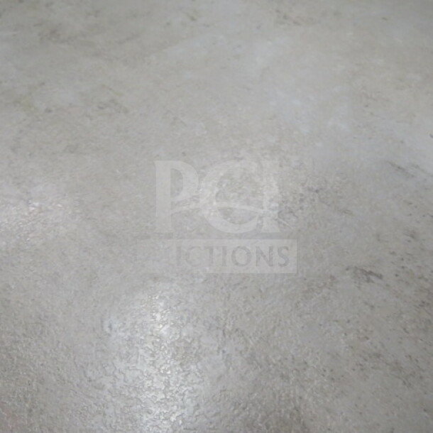 Gray wooden table top with dual pedestal bases, dimensions 48x30x30 inches. Smooth surface, modern design.
