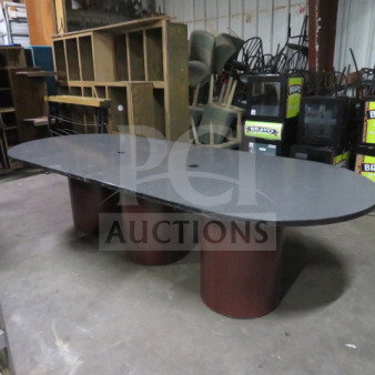 2-piece table with 3 pedestal bases, measures 120x48x30 inches, wood and metal construction, rectangular top.