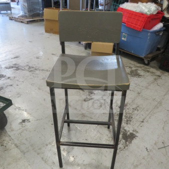 Black metal bar height chair with gray wooden seat and back, slightly worn, sturdy frame, ideal for modern decor.