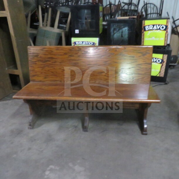 Wooden single-sided booth, 58x25x36 inches. Features sturdy legs and smooth finish. Ideal for restaurants or cafes.