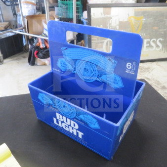 Blue Bud Light poly caddy with handle, 6-bottle capacity, branded graphics, used condition, model 9XBID.