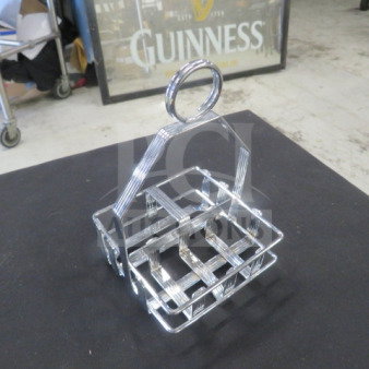 Set of 18 stainless steel tabletop condiment holders with integrated handle, brand new condition, grid design.