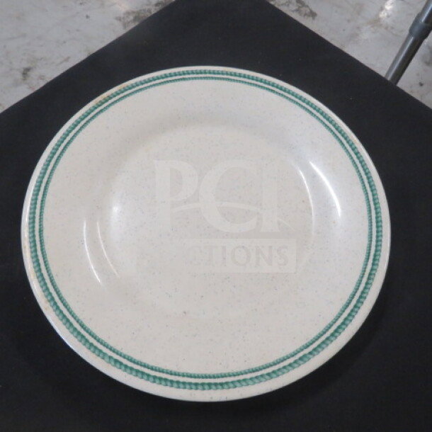 One Lot of 40 melamine plates, 9.5-inch, Model PT-1095, green rim design, durable, good condition.