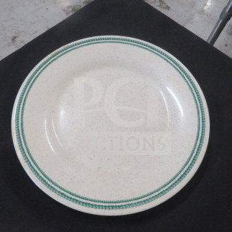 One Lot of 40 melamine plates, 9.5-inch, Model PT-1095, green rim design, durable, good condition.