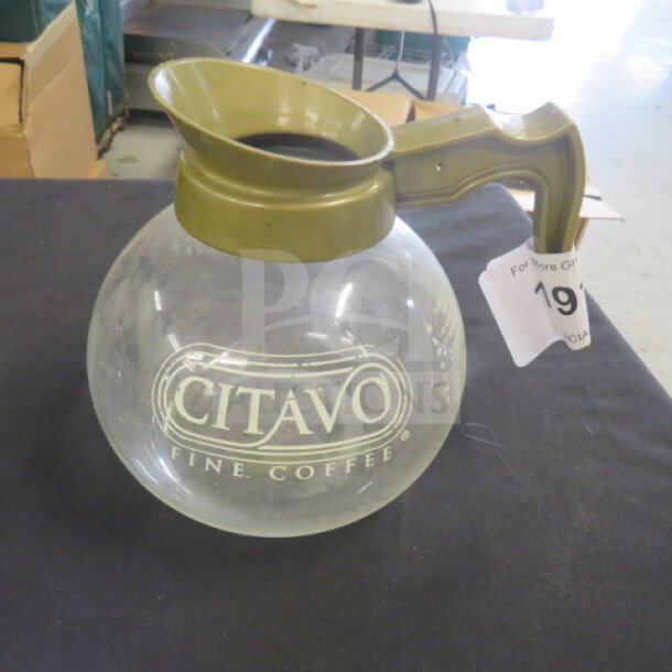 Glass Citavo coffee pot with green plastic handle and lid, branded "CITAVO Fine Coffee." Appears in used condition.