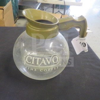 Glass Citavo coffee pot with green plastic handle and lid, branded "CITAVO Fine Coffee." Appears in used condition.