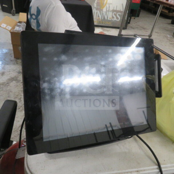 One POS RDT-150F touchscreen monitor, slight wear on screen, black frame, wired connection, suitable for retail use.