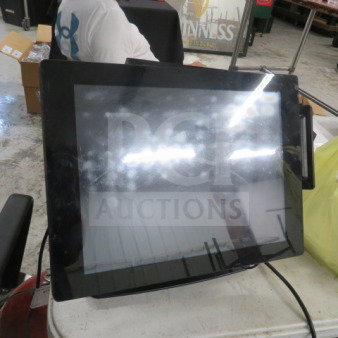 One POS RDT-150F touchscreen monitor, slight wear on screen, black frame, wired connection, suitable for retail use.