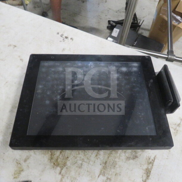 One POS #RCT-150 touchscreen monitor with visible wear, black bezel, and attached card reader, suitable for retail use.