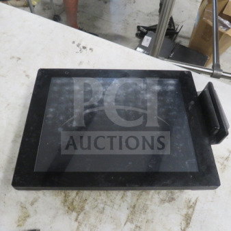 One POS #RCT-150 touchscreen monitor with visible wear, black bezel, and attached card reader, suitable for retail use.