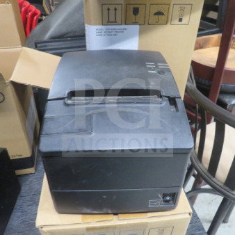 SNBC thermal printer BTP-R180II, black, in good condition, shown with input/output ports and paper feed slot.