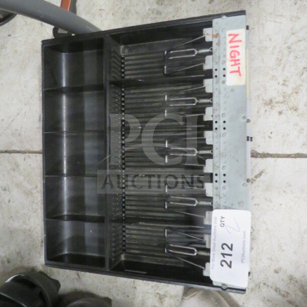 Cash Drawer Insert 2XBID, black plastic, with multiple compartments. Marked "NIGHT" on metal edge. 212 quantity label.