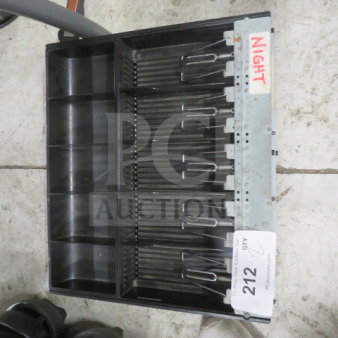 Cash Drawer Insert 2XBID, black plastic, with multiple compartments. Marked "NIGHT" on metal edge. 212 quantity label.