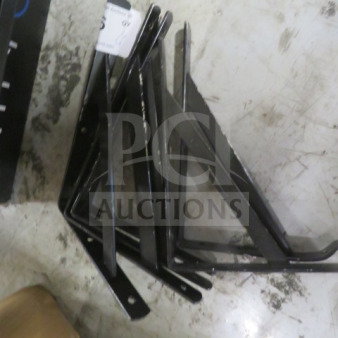Black metal bracket lot, model 6XBID, in good condition. Features include pre-drilled holes and sturdy construction.