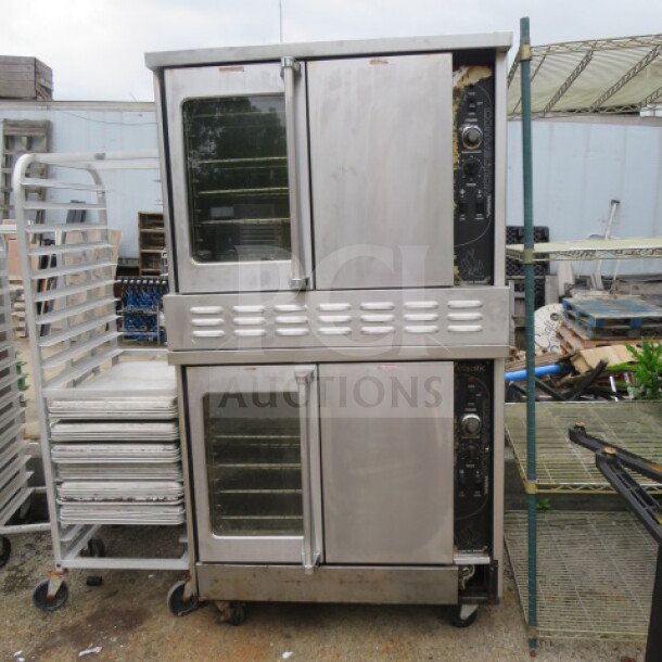 One American Range double stack natural gas convection oven, model M-2-G1, with 10 racks, stainless steel exterior, used condition.